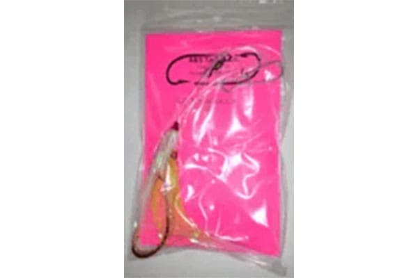 A packaged item featuring a bright pink label and a lanyard or strap-like attachment visible within the clear plastic wrapping.