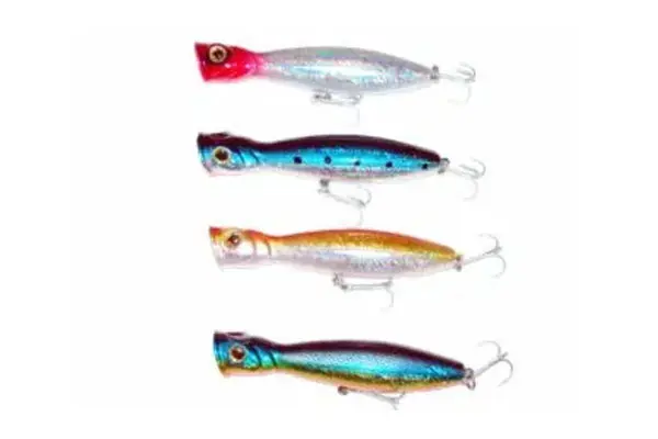 Four colorful fishing lures with hooks are arranged in a vertical line against a white background. The lures vary in colors, including red, blue, yellow, and green.