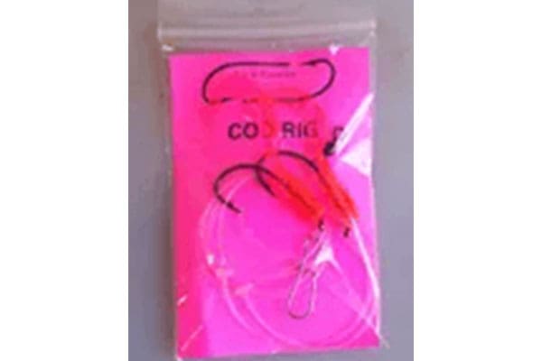 A packaged fishing rig with a pink background.