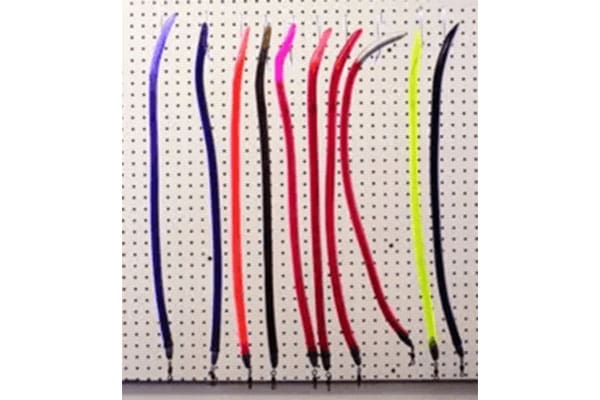 Colorful curved rods on display, including blue, purple, pink, black, red, and yellow, hanging on a perforated white board.