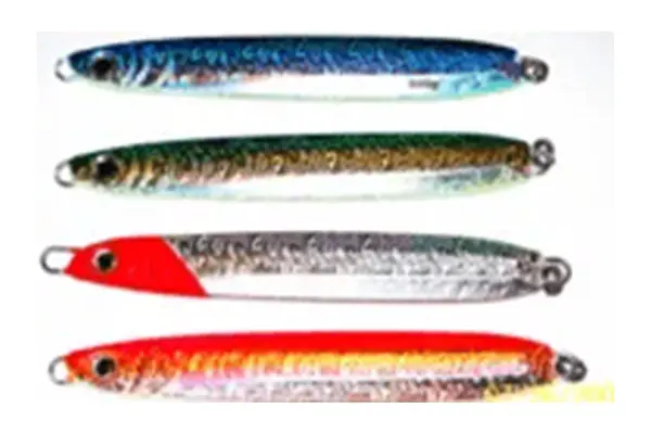 Four colorful fishing lures of various designs are aligned horizontally, featuring blue, green, red, and metallic hues.