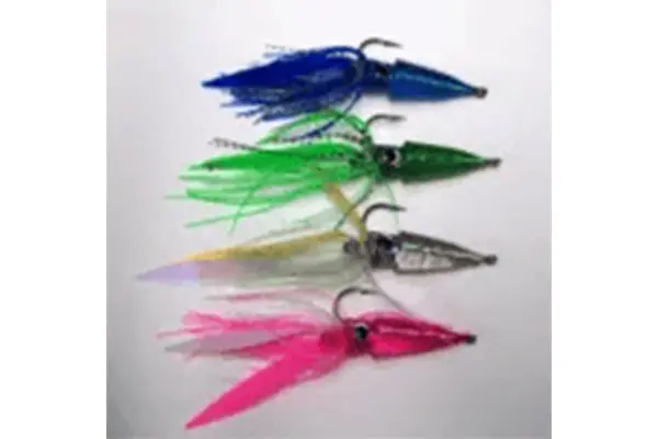 Four colorful fishing lures are arranged vertically on a white background; the colors are blue, green, silver, and pink from top to bottom.